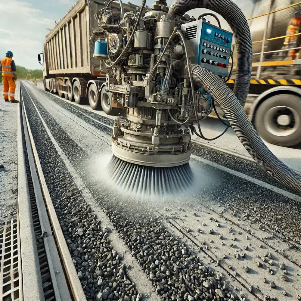 DALL·E 2024 09 06 13.50.51 A realistic image showing a captured shot blasting machine being used on a concrete surface for line marking preparation. The machine is in operation