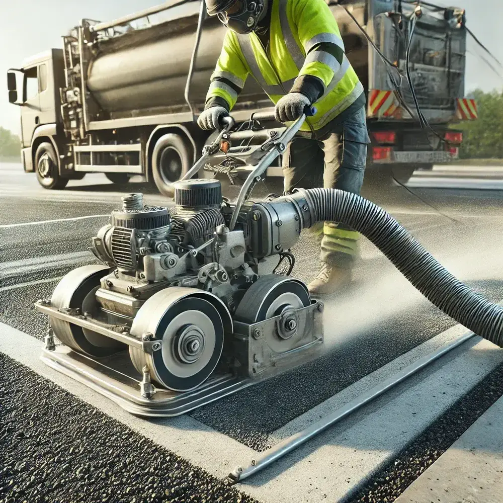 DALL·E 2024 09 09 14.11.21 A realistic image showing the grinding process used for surface preparation in line marking. The scene includes a worker operating a grinding machine