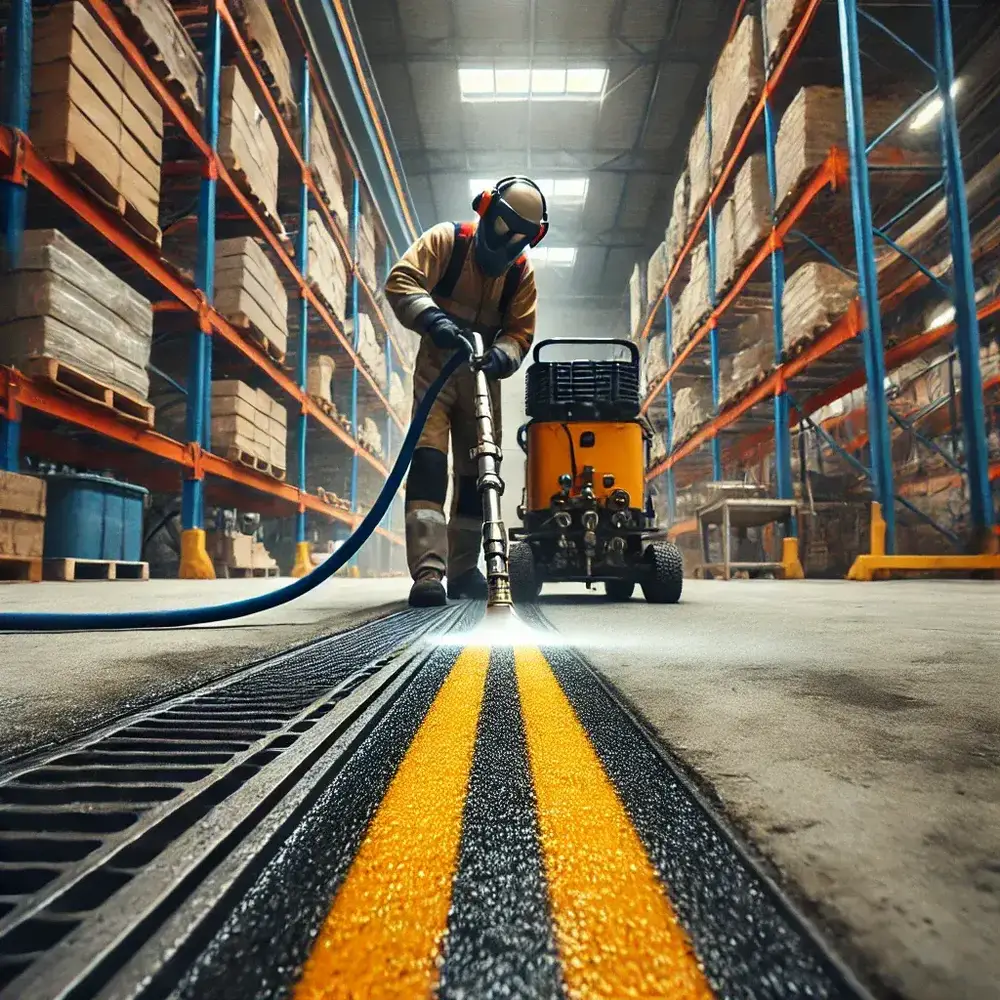 DALL·E 2024 09 11 13.32.28 A detailed image of a smaller scale hydroblasting process in a warehouse setting specifically focusing on removing a double yellow line from the conc