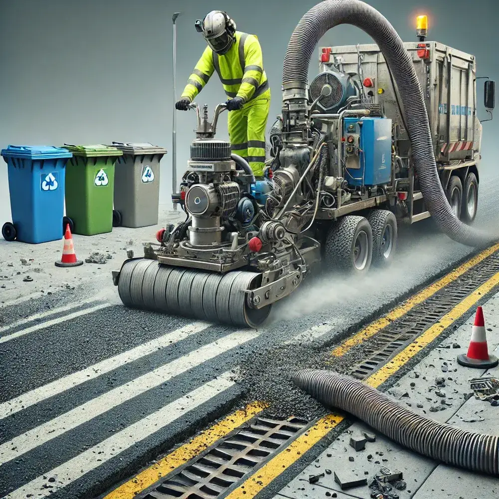 DALL·E 2024 08 23 13.49.05 A highly realistic and clean image showing the process of road marking removal and waste clearance. The image should depict a road surface with faded