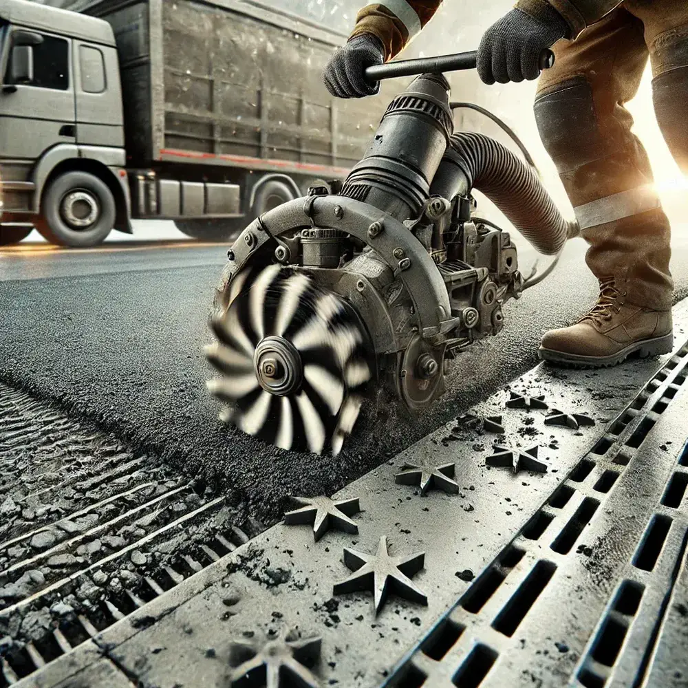 DALL·E 2024 09 16 13.26.02 A detailed image showing a scarification process on a concrete surface in an outdoor or industrial setting. The image features a worker operating a sc