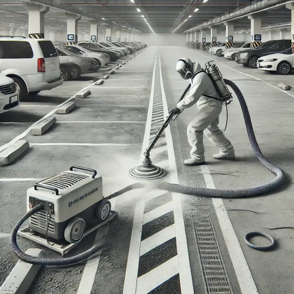 DALL·E 2024 09 13 12.36.35 A detailed image showing a vacuum blasting process in a car park setting. The image features a worker using a vacuum blasting machine on a flat concre