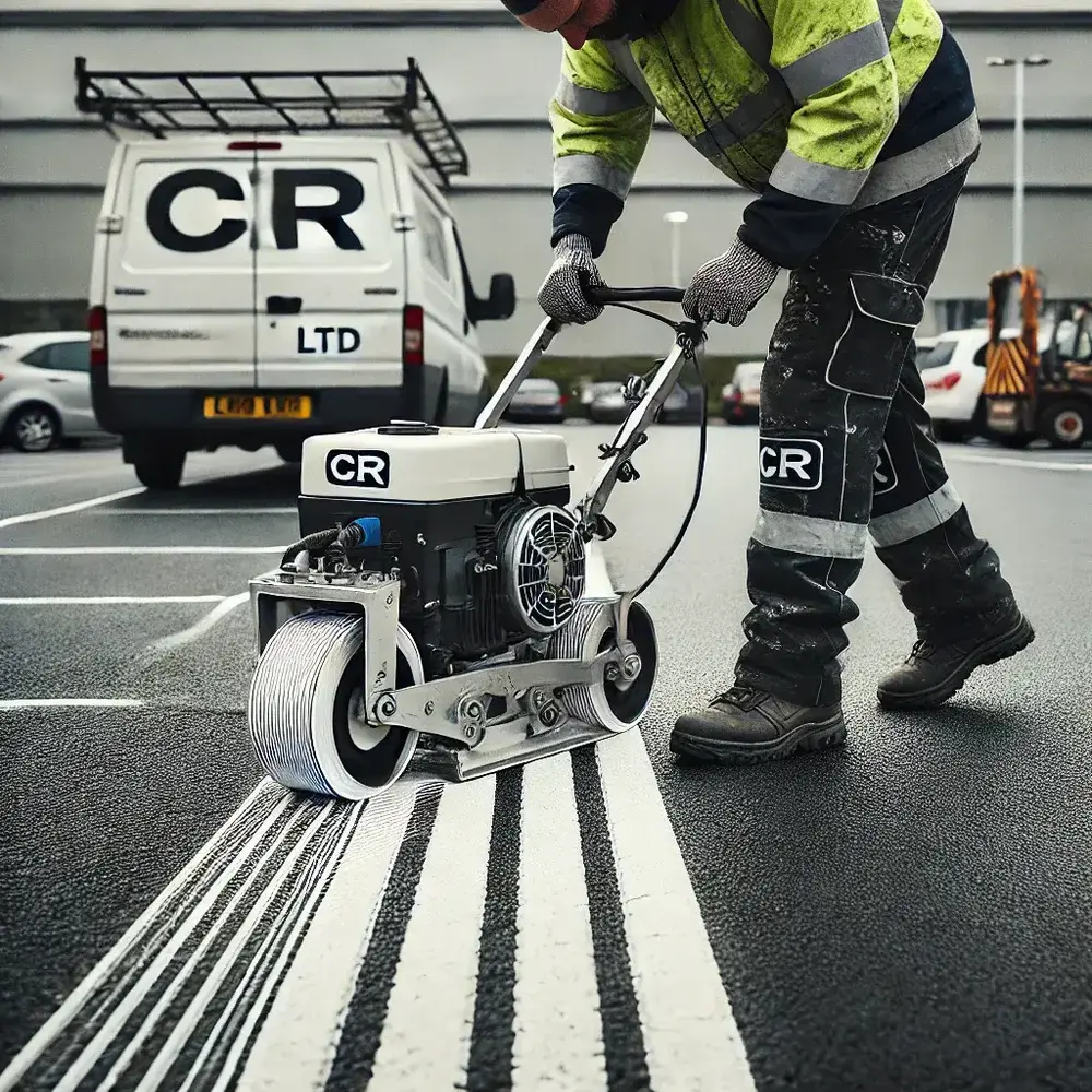 DALL·E 2024 08 30 14.24.23 A detailed image of a worker performing line marking in a car park using a professional line marking machine. The worker is applying fresh white paint