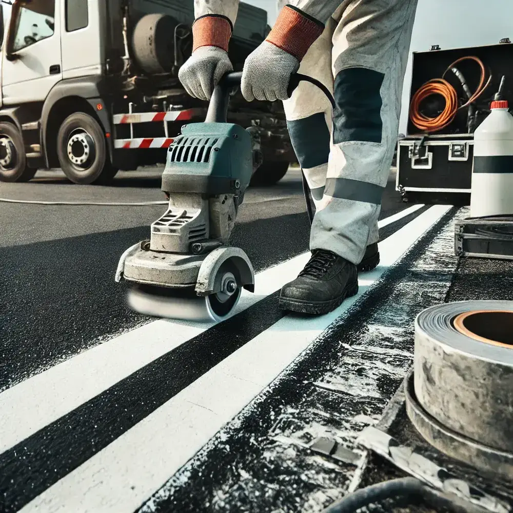 DALL·E 2024 08 21 13.28.22 A detailed scene showing the removal of line marking paint from a tarmac surface. A professional worker in safety gear is using a grinder or scarifier