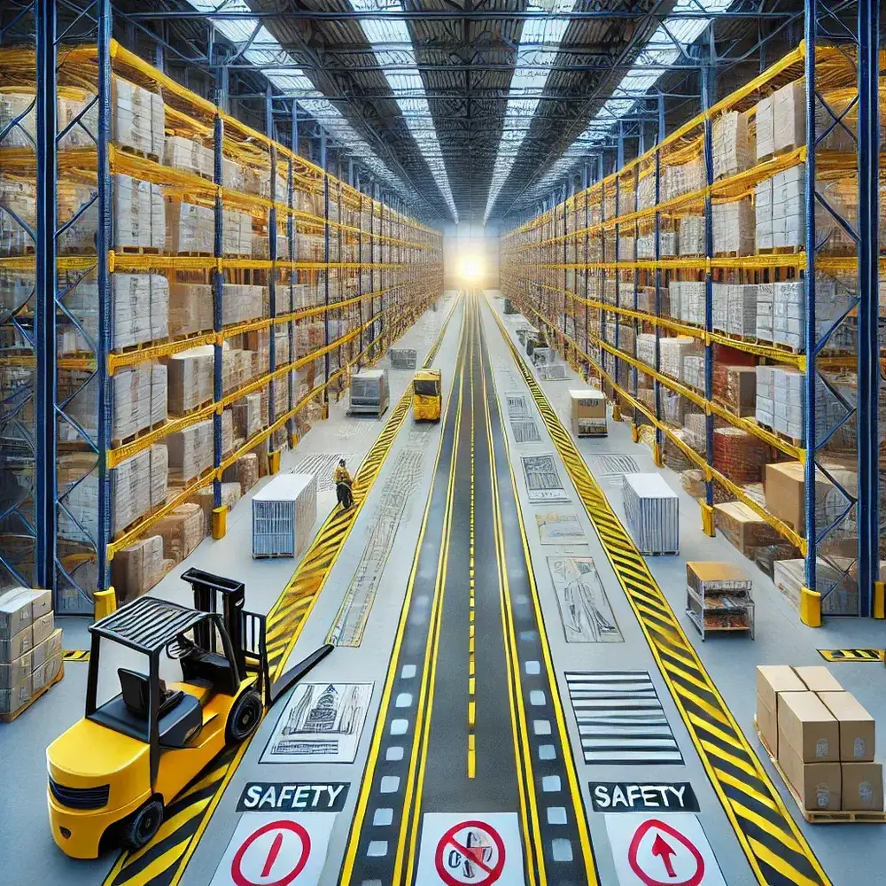 DALL·E 2024 09 17 11.19.27 A detailed vibrant image of a well organised warehouse with clearly defined line markings. The warehouse should have wide well lit aisles with brigh