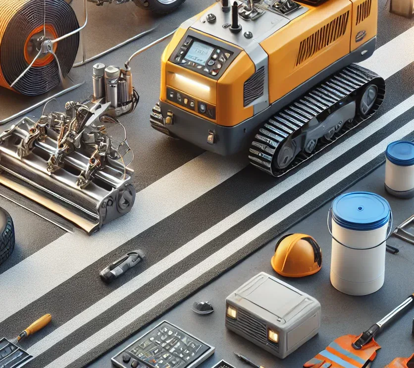 DALL·E 2024 08 28 15.38.39 A realistic image of line marking equipment commonly used in road and car park marking. Include a professional grade airless spray machine a thermopl